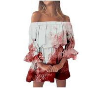 Generisch Women's Halloween Dress Women's Halloween Dress with Bloody Print One-sided Shoulderless Fit for a Seductive Appearance Autumn Clothing, Red (watermelon red), XXL