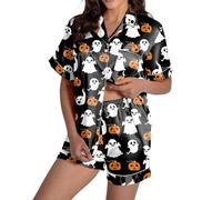Generisch Women's Halloween Pyjama Set Pink Satin Pjs Lounge Sets with Pockets Long Sleeve Sleepwear Skull Pumpkin Bats Star, black, S