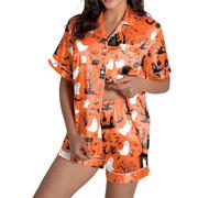 Generisch Women's Halloween Pyjama Sets for Women at Home Two Piece Pyjamas Women's Short with Halloween Glow-In Print Flannel Vest Pjs Sleepwear Loungewear for Halloween Party, Pajamas B9-orange, XL