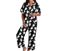 Generisch Women's Halloween Silk Satin Short Sleeve Button Down Top Short Sleeve Pyjama Sets Outfit for Cozy Winter Nights, black, XL