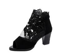 generisch Women's Hollow Tulle Boots, Embroidered Block Heel Ankle Boots, Short Boots, Women's Pumps, Women's Sexy Floral Lace Ankle High Heel Casual Open Peep Toe Party Wedding Single Shoes, black