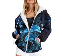 Generisch Women's Hooded Jacket with Mystical Dolphin Print, 3D Sweat Jacket with Underwater and Stars Motif, Eye-catching Zip Hoodie for Fantasy Fans, Style_p01 Blue, XXL
