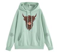 Generisch Women's Hoodie with Scottish Highland Cow Motif - Hoodie for Animal Lovers | Casual Sweatshirt with Highland Cattle Print, Style_e04 Green, XXL