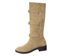 Generisch Women's Knee-High Boots with Adjustable Buckle Straps - Round Toe, Suede, Long Shaft Boots, Elegant Style, Western Boots, Transition Boots, khaki, 9 UK