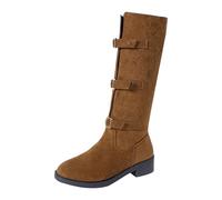 Generisch Women's Knee-High Boots with Adjustable Buckle Straps - Round Toe, Suede, Long Shaft Boots, Elegant Style, Western Boots, Transition Boots, brown, 7 UK