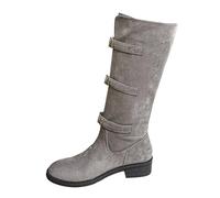 Generisch Women's Knee-High Boots with Adjustable Buckle Straps - Round Toe, Suede, Long Shaft Boots, Elegant Style, Western Boots, Transition Boots, darkgray, 8.5 UK