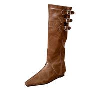 Generisch Women's Knee-High Boots with Pointed Toe, Winter, Flat Cowboy Boots with Buckle, Square Heel, Long Boots, Stylish Classic Leather Boots, Waterproof, Plain, Leather, brown, 8.5 UK