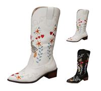 Generisch Women's Knee-High Cowboy Boots Ankle Boots with Heel Embroidery Western Boots Block Heel Winter Boots Short Cowboy Boots Block Heel Riding Boots Floral Embroidery Women's Boots, White, 2/2.5