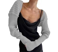 Generisch Women's Knitted Bolero Crop Top with Tie Belt Vintage Retro Top in White, Black, Silver, Size S-XXL, silver, S