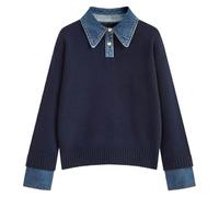Generisch Women's Knitted Jumper in Layered Look with Denim Collar - 2-in-1 Jumper with Shirt Details | Chic Top for a Smart Casual Look, Style_b03 Navy, One Size