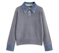 Generisch Women's Knitted Jumper in Layered Look with Denim Collar - 2-in-1 Jumper with Shirt Details | Chic Top for a Smart Casual Look, Style_b02 Gray, One Size