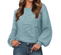 Generisch Women's Knitted Jumper with 3D Floral Pattern, Pullover with Balloon Sleeves, Casual Sweater with Floral Appliqué, Style_x03 Blue, XL