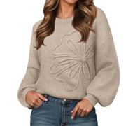 Generisch Women's Knitted Jumper with 3D Floral Pattern, Pullover with Balloon Sleeves, Casual Sweater with Floral Appliqué, Style_x01 Khaki, XL