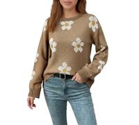 Generisch Women's Knitted Jumper with Daisy Pattern, Casual Jumper in Floral Design, Soft Jumper for a Sweet Autumn Look, style_j01 khaki, M