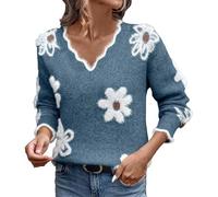 Generisch Women's Knitted Jumper with Daisy Pattern - Pullover with Wave Edge on the V-Neck, Playful Top for a Feminine Look, Style/I01 Blue, L