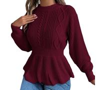 Generisch Women's Knitted Jumper with Peplum - Figure-hugging Pullover with Cable Knit | Elegant Peplum Sweater for a Feminine Look, Style_x02 Wine Red, M
