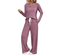 Generisch Women's Knitted Two-Piece Warm Winter 2-Piece Lounge Set Long Sleeve Knitted Jumper and Relaxation Trousers with Pockets and Drawstring Soft Cuddly Leisure Suit Knitted Suit, Wine Red, M