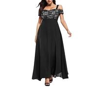 Generisch Women's Lace Dress Wedding Chiffon Evening Dresses Off Shoulder Ball Dresses Plain Elegant Long Sleeve Midi Dress Festive Party Cocktail Dress Festival Clothing, black, 5XL