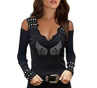 Generisch Women's Lace Elegant Top Blouse with Wings Diamond Print Long Sleeve V-Neck Pots Casual Jumper Tunic Turtleneck Black Ladies, black, M
