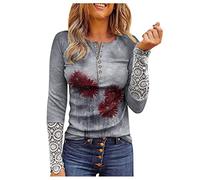 Generisch Women's Lace Top Blouses Long Sleeve O-Neck Shirt Tunic Front Button Shirt Floral Print Shirt Blouse Tops Raisin, gray, M