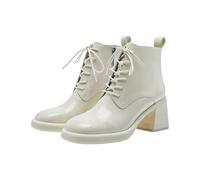 Generisch Women's Lace-Up Ankle Boots with Chunky Heel - PU Leather, Mid-Heel, Lace-Up Boots, Windproof, Waterproof, Non-Slip, Leather Boots, White, 8.5 UK