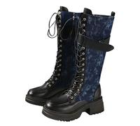 Generisch Women's Lace-Up Boots Platform Knee-High Boots with Chunky High Vintage Round Toe Block Heel Buckles Long Shaft Boots Wide Shaft Boots Women's Boots for Autumn Winter, blue, 8 UK