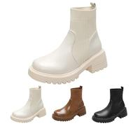 Generisch Women's Leather Boots, Wide Shaft, Wide Shaft Boots with Heel, Size with Side Zip, Non-Slip Platform, Block Heel, Short Boots, Plain Winter Boots, Waterproof, White, 2/2.5 UK