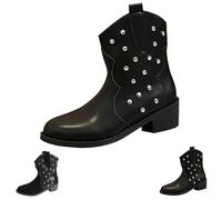 Generisch Women's Leather Cowboy Boots with Heel - Ankle Boots Lined Elegant Western Boots for Women, Rivets Cowgirl Boots Women's Boots with Normal Shoe Shape High Quality Round Toe Boots, N A, 10 UK