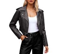Generisch Women's Leather Jacket Lapel Collar PU Faux Leather Jacket Loose Warm Cardigan Elegant Leather Jacket Warm Fluffy Casual Transition Jacket Tops Retro Casual Slim Motorcycle Jacket, black, S