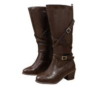 Generisch Women's Leather Riding Boots, PU Leather Boots, Wide Fit, Half Height Boots, Block Heel, Abrasion-Resistant Combat Boots with Side Zip, Long Shaft Boots for Strong Calf Outfits, brown, 4 UK