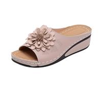 Generisch Women's Leather Slippers with Rivet Trim, Open Slippers with Wedge Heel, Non-Slip Slip-On Shoes, Orthopaedic Leisure Sandals, Retro Women's Leather Sandals, Mules, Yoga Shoes, Black, beige