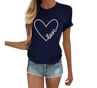 Generisch Women's Letter O Print Casual Neck Sleeves Heart-Shaped Tops Short Women's Blouse Valentine's Day Blue Wings, navy, 3XL