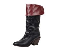 Generisch Women's Lined Waterproof Winter Boots, Flanging Two Thick High-Heeled Western Cowboy Style Pleated Leather Boots Show Thin Medium Boots, black, 6 UK