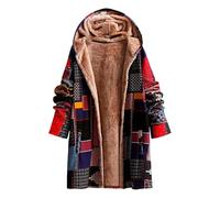 Generisch Women's Long Coat in Colourful Patchwork Style with Teddy Lining - Lined Hooded Jacket in Boho Look | Cuddly Winter Jacket with Ethnic Pattern, style_y03 red, L