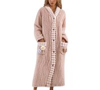 Generisch Women's Long Dressing Gown Made of Textured Fleece, Cuddly House Coat with Button Placket and Appliques, Soft Bathrobe for Cosy Hours, Style_q02 Hot Pink, XL