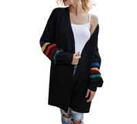 Generisch Women's Long Knitted Cardigan with Rainbow Sleeves - Open Cardigan with Colourful Block Stripes | Casual Coat for a Colourful Look, Style_x01 Black, XL