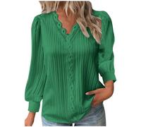 Generisch Women's Long Sleeve Blouse with V Neck and Ruffle Trim, Elegant Feminine Button Down Shirt with Floral Lace Insert (Black XXXL) Christmas Winter, Green, XXL