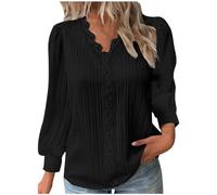 Generisch Women's Long Sleeve Blouse with V Neck and Ruffle Trim, Elegant Feminine Button Down Shirt with Floral Lace Insert (Black XXXL) Christmas Winter, black, XXL