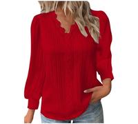 Generisch Women's Long Sleeve Blouse with V Neck and Ruffle Trim, Elegant Feminine Button Down Shirt with Floral Lace Insert (Black XXXL) Christmas Winter, red, XXL