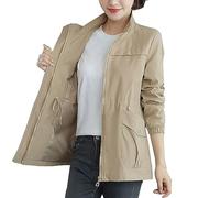 Generisch Women's Long Sleeve Fashion Plain Zip Waist Slimming Mid-Length Wind Jacket Casual Jacket Outerwear Virgin Wool Women, khaki, M