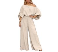 Generisch Women's Long Sleeve Leisure Suit, Plain Fashionable Trouser Suit for Spring, Autumn, Slanted Neck, Puff Sleeves, Top and Wide Leg Trousers, 2-Piece Casual Leisure Suit, beige, XL