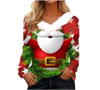 Generisch Women's Long Sleeve Tops Elegant Casual Printed Plush V Neck Petite Shirts Casual Autumn Blouse Neon Body, Red (watermelon red), XL