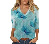 Generisch Women's Long-Sleeved Blouse with Watercolour Abstract Print and V-Neck - Loose Top with Marbled Blue/Green Pattern Artistic Casual Top for Everyday and Leisure, Style_p01 Blue, L