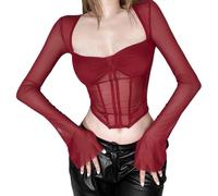 Generisch Women's Long-Sleeved Shirt in Corset Look - Bodycon Bustier Top Made of Mesh Fabric Elegant Top with Transparent Sleeves and Bones, style_e02 red, L