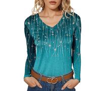 Generisch Women's Long-Sleeved Shirt with Delicate Floral Rain Pattern - V-Neck Top with Colour Gradient Feminine Blouse Shirt for Spring, Style_x01 Green, M