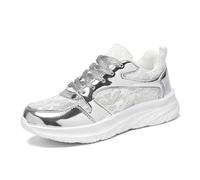 Generisch Women's Metallic Rose Gold Trainers with Glitter Upper - Lace-Up Shoe with Shimmering Sequin Look and Thick Tread Sole Trendy Casual Shoes for Everyday and Party, Style U02 Silver, 4 UK