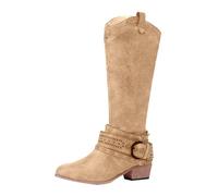 Generisch Women's Mid-Calf Boots with Cowboy Design Buckle Trim for Elegant Western Style Outfits, khaki, 8 UK