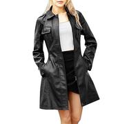 Generisch Women's Mid-Length Leather Jacket with Belt Long Sleeve British Windbreaker Leather Coat Women 2025, black, L