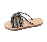 Generisch Women's Mules Summer Decorated with Ethnic Details - Flat Sandals with Pearl Decoration Boho Slippers for Beach and Holidays, Style T01 Black, 8 UK