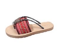 Generisch Women's Mules Summer Decorated with Ethnic Details - Flat Sandals with Pearl Decoration Boho Slippers for Beach and Holidays, Style T03 Red, 8 UK